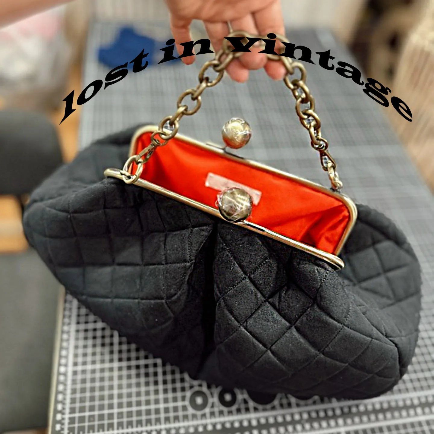 Lost in Vintage Black Stitched Large Bag with Bronze Fermoir with Charming Big Kiss Balls 2.5cm Soft Puffy Shape Evening Clutch