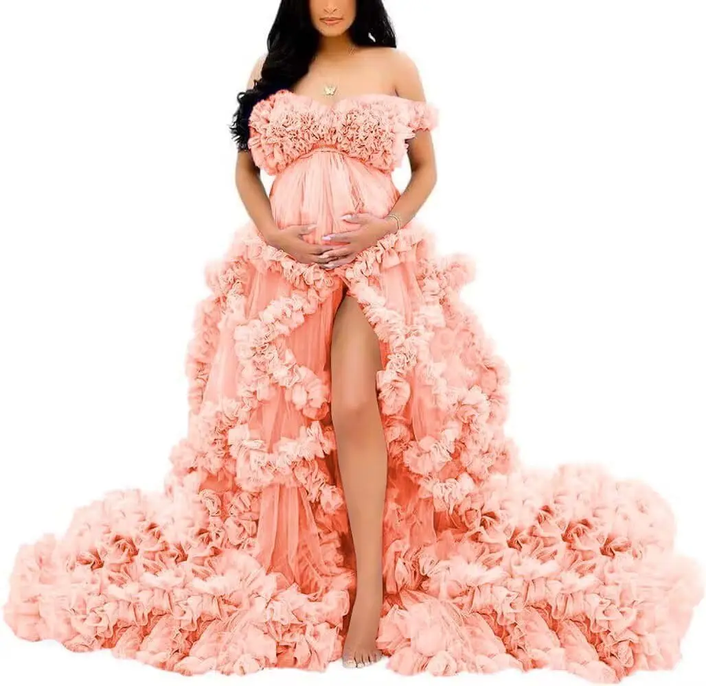Fotoshoot & babyshower tule zwangerschapsjurk - off-shoulder, puffy ruches, elegante lange jurk voor zwangerschap
