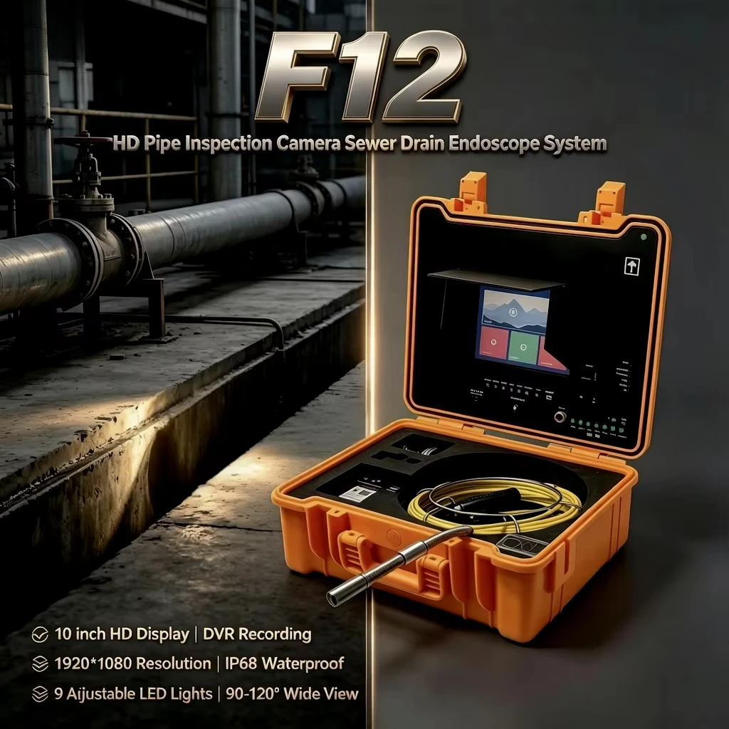 F12 HD Sewer Drain Endoscope with ABS Hard Case 9 LED Lights 1-Year Warranty for Municipal Pipeline Maintenance
