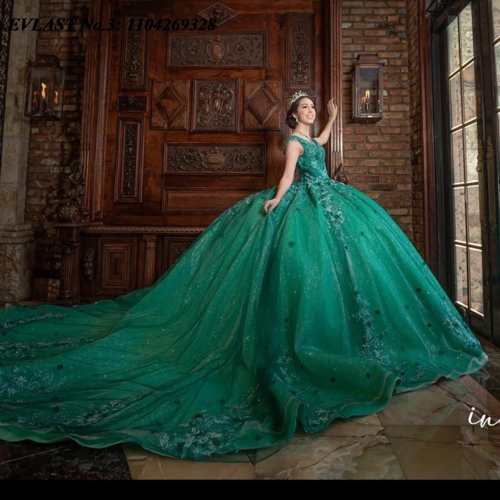 EVLAST Personalizzato Principessa Verde Scuro Abito Quinceanera Abito di Sfera Applique Floreale Che Borda Dolce 16 Vestido De 15 Anos E3Q291