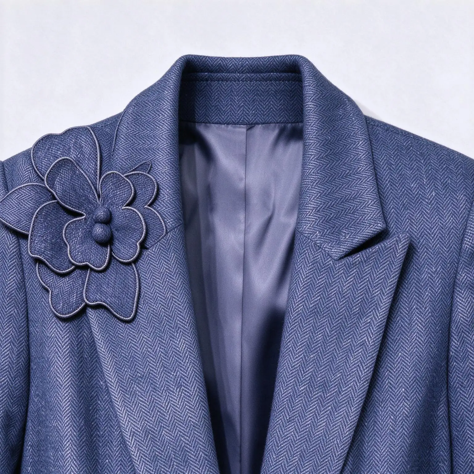 Women Elegant Herringbone Textured Blazer 3D Floral Applique Shoulder Office Jacket