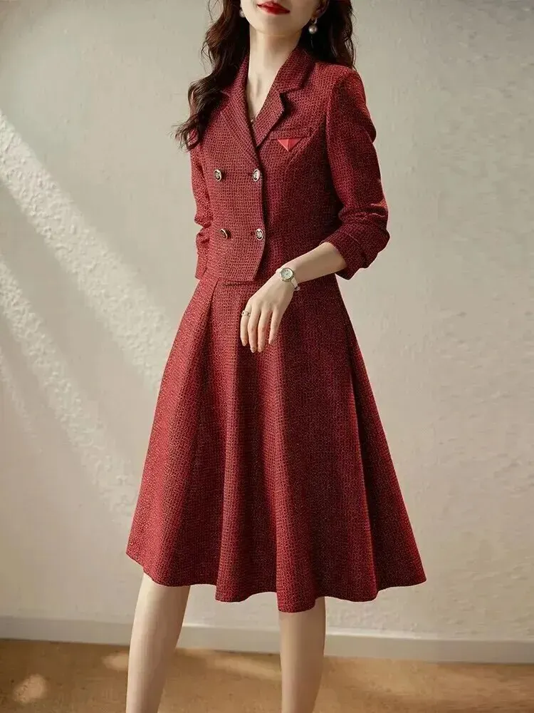 Women's Plaid Midi A Line Skirt Suits, Short Jacket, Coat, Elegant, Vintage, Office, Ladies, Fashion, Autumn, Winter, 2 Pcs Set