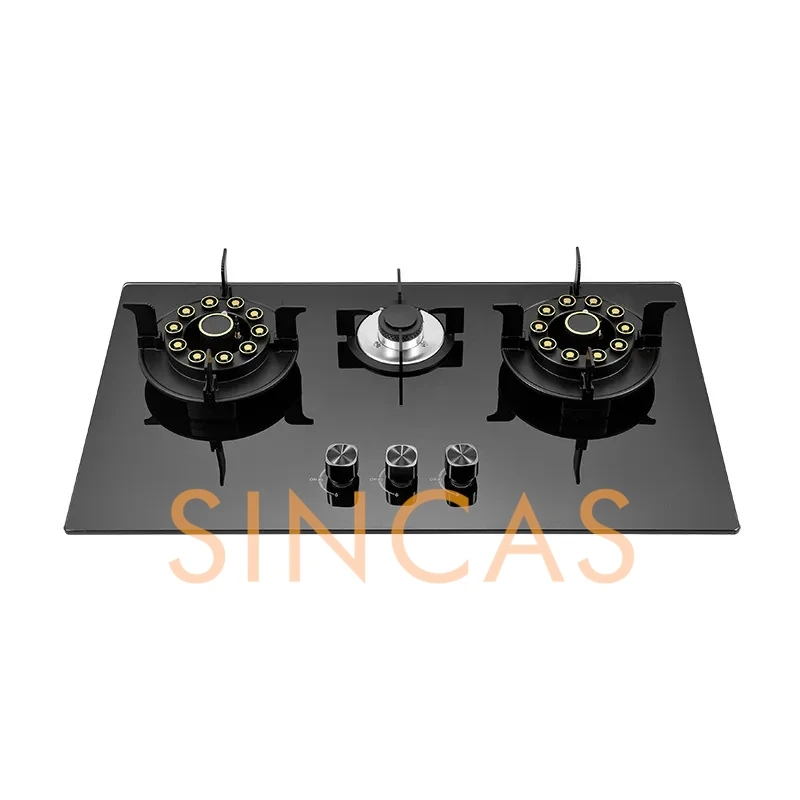الوجه العلوي موقد النار العالي جزءا لا يتجزأ من موقد غاز زجاجي 5.2KW شرسة النار الغاز المسال/الغاز الطبيعي المنزل والتجاري 3-موقد
