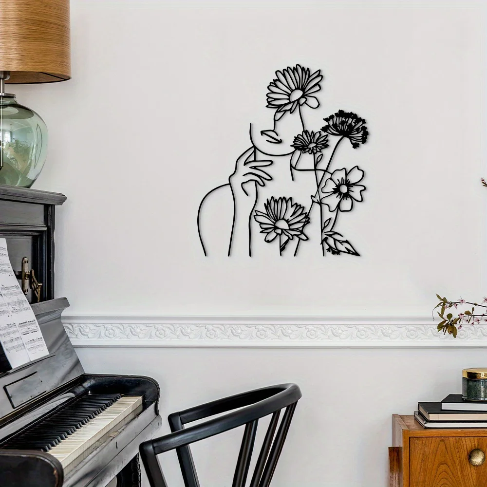 Metal Wall Art Female Face Daisy Flower Line Art Black White Modern Minimalist Large Heavy Duty Iron Pre-drilled Easy Install