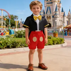Kids Boys Cartoon Mouse Cosplay Costume Bow Tie Top+Short Sleeve Coat+Suspender Shorts For Halloween Carnival Birthday Outfits