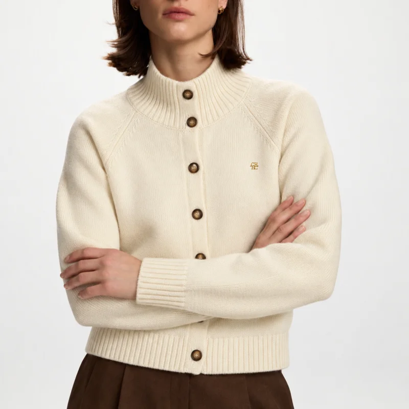 CH Women High Neck Knit Cardigan Solid Cream Color Button Closure Raglan Sleeve Ribbed Edge Soft Daily Wear Outer Garment