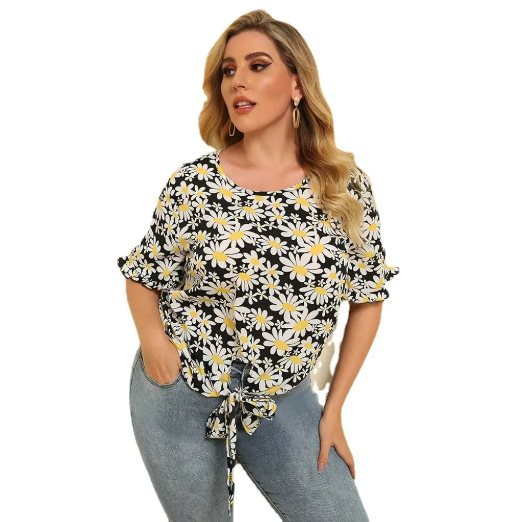 プラスサイズの女性の夏のシャツラウンドネックルーズストラップデイジープリントトップジュニア085新品