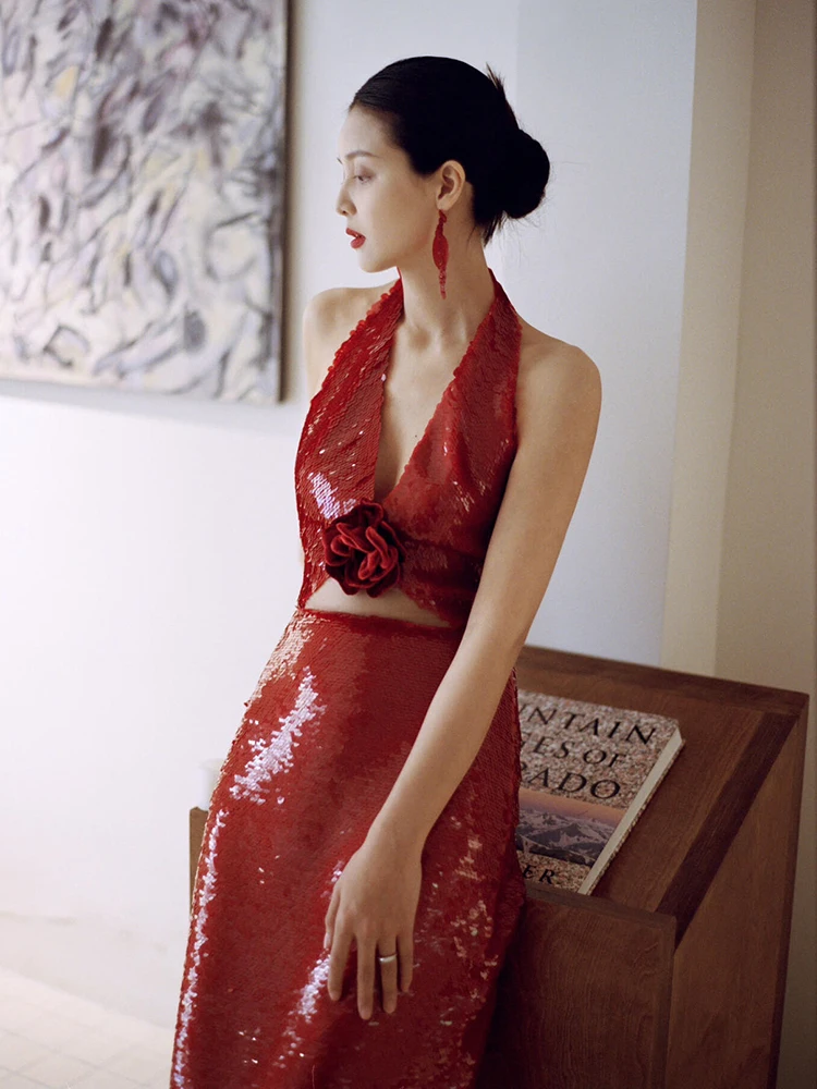 

Red Evening Gown 2026 New Style Sexy Tailored Bridal Sequin Fish Tail Morning Robe Wedding Toasting Dress mid Waist Zipper Ba...