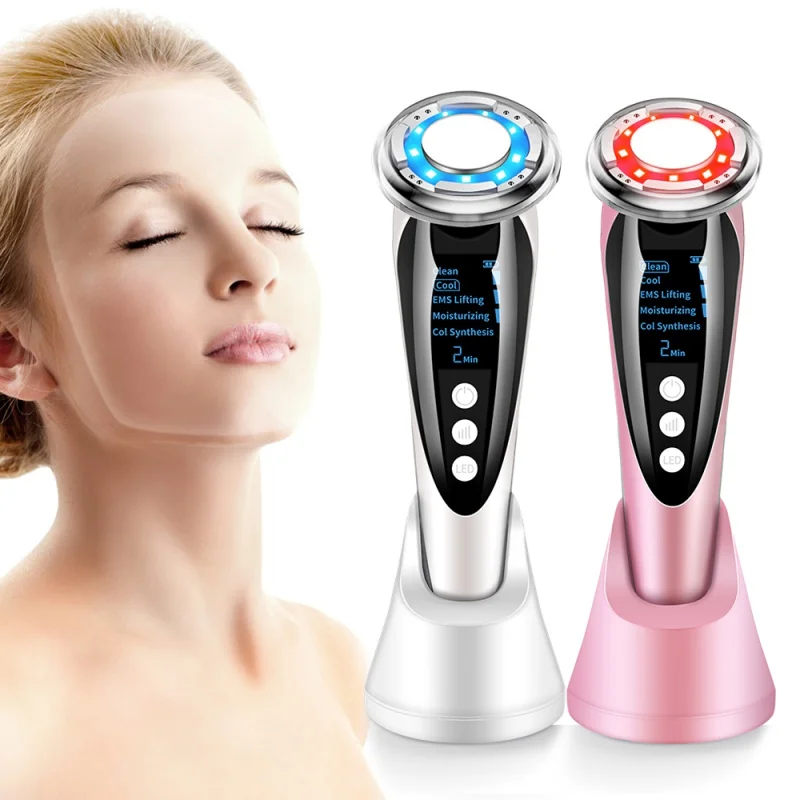 Hot Cool Compress Skin Rejuvenation Beauty Device Anti Aging EMS Micro-Current LED Photon Vibration Neck Face Lifting Massager