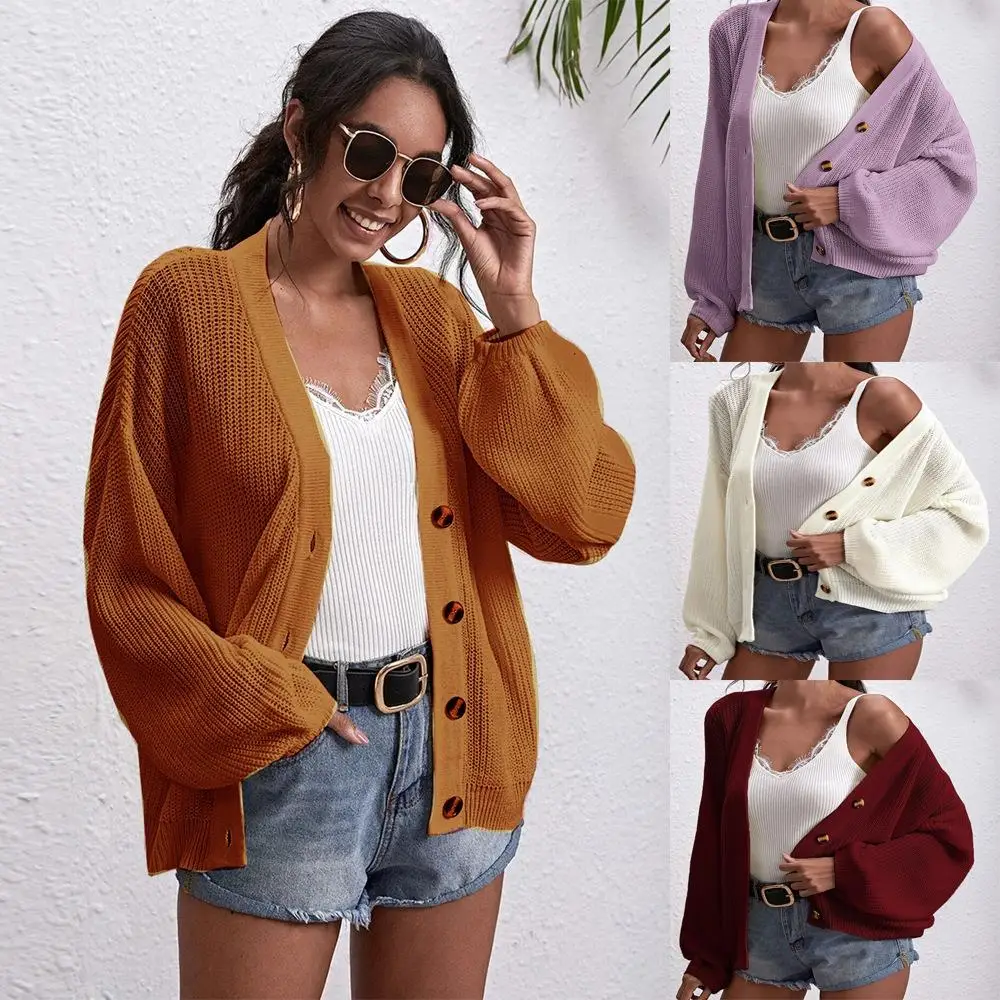 

Women's Fur Collar Lantern Sves Cardigan Single Coat Regular Fit Commute Style Knitted Sweater Medium Thickness Winter Wear