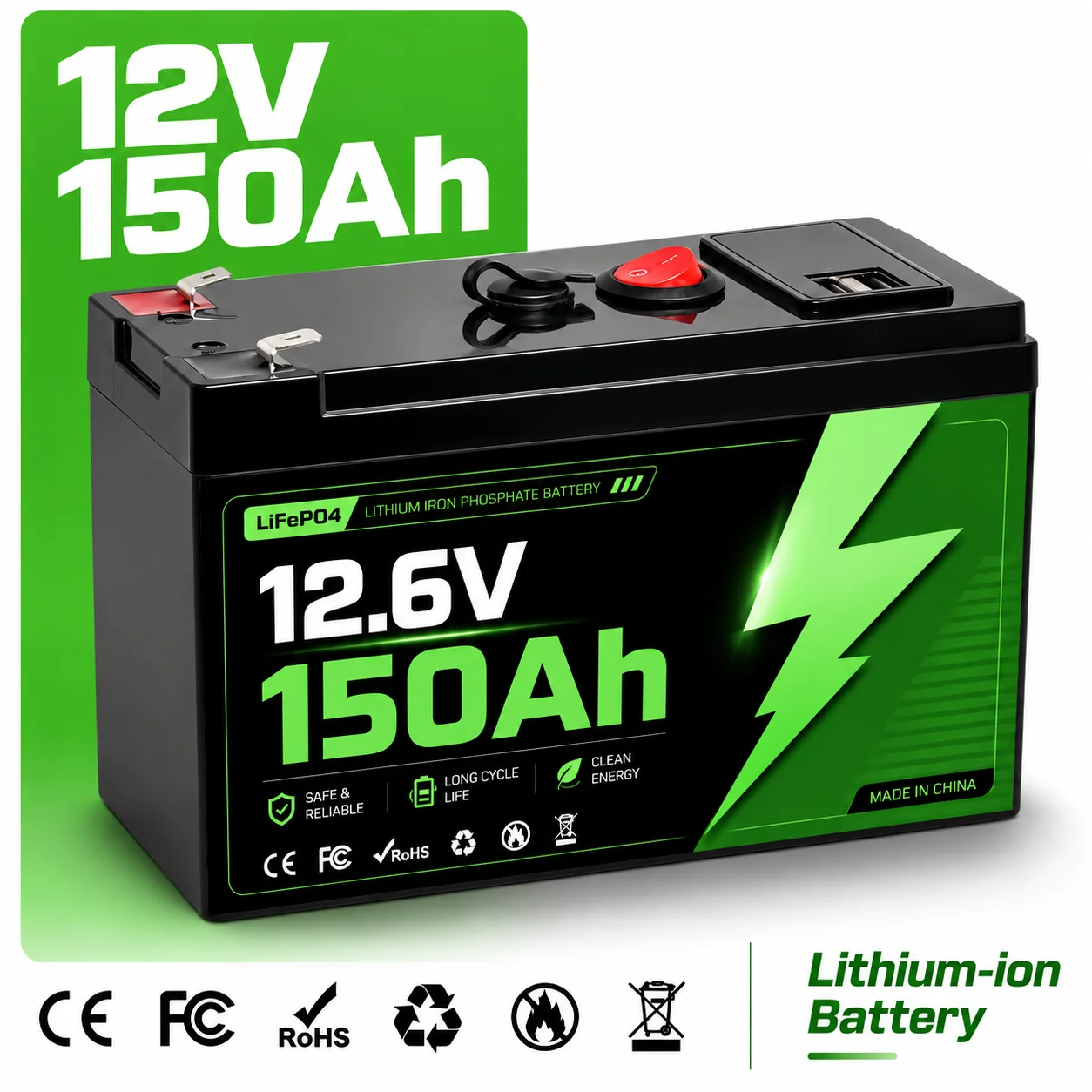 12V 150Ah LiFePO4 Lithium Battery, 200A Intelligent BMS 1800Wh Battery with 4000+ Deep Cycling, for RVs and Solar Energy