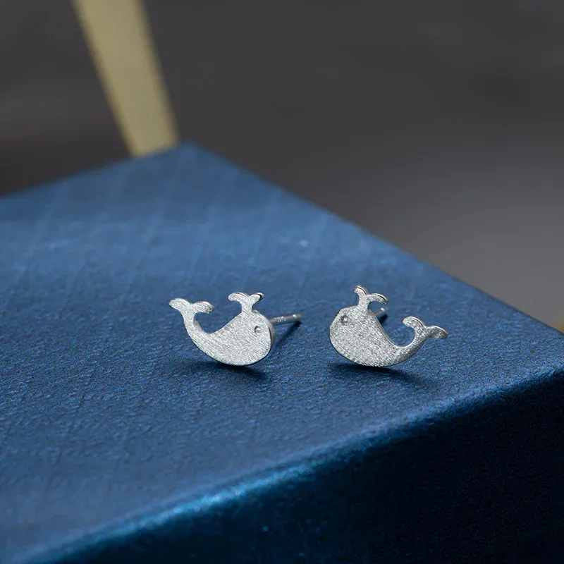 Mini Cute Playful Sterling Silver Metal Brushed Whale Stud Earrings for Woman Girls Korean Cartoon Marine Animals Jewelry Gifts