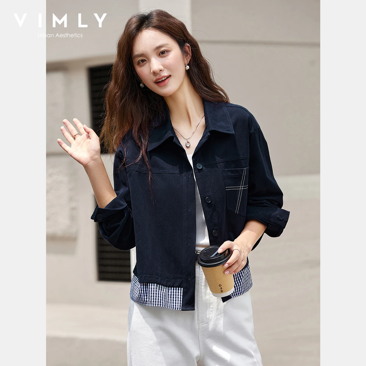 VIMLY Jaket Wanita Elegan Biru Tua Kasual Katun Murni Jaket Wanita Musim Gugur 2026 Kerah Lipat Jaket Wanita Model Spliced A2853