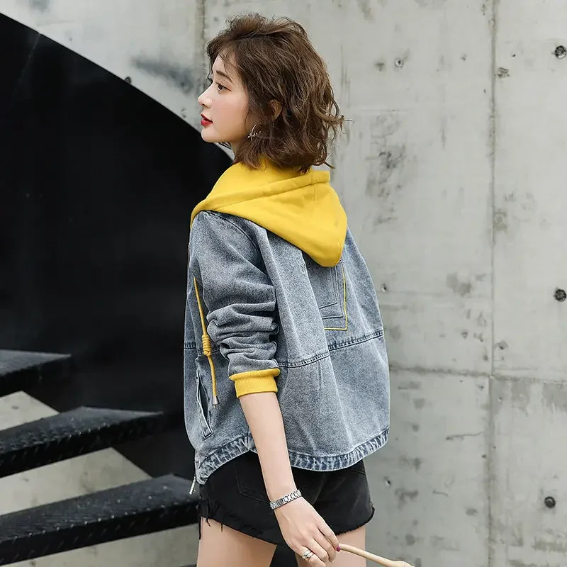 Spring Autumn Wear New Korean Version of Loose Large Size Short with Hat Casual Fashion Long-sleeved Blouse Denim Coat Woman