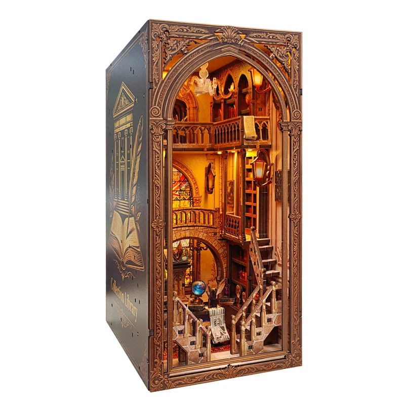 DIY Wooden Time Library Book Nook Shelf Insert Kits Miniature Model Kit Magic Bookend for Friends Birthday Gifts