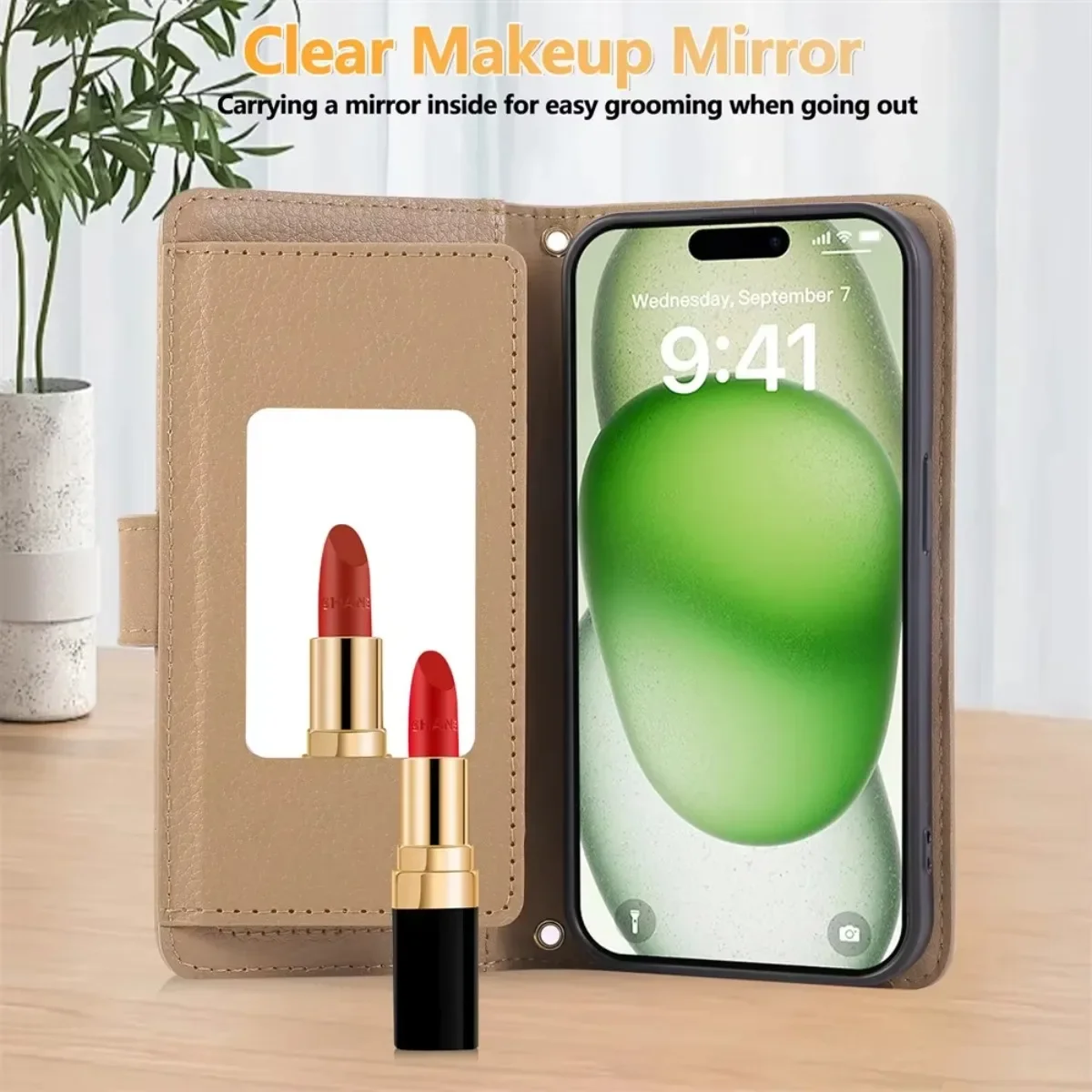 Mirror Wallet Crossbody Phone Case For iPhone 17 Air 16 Pro Max 16E 15 14 Plus 13 12 11 7 8 SE Card Holder Strap Leather Cover