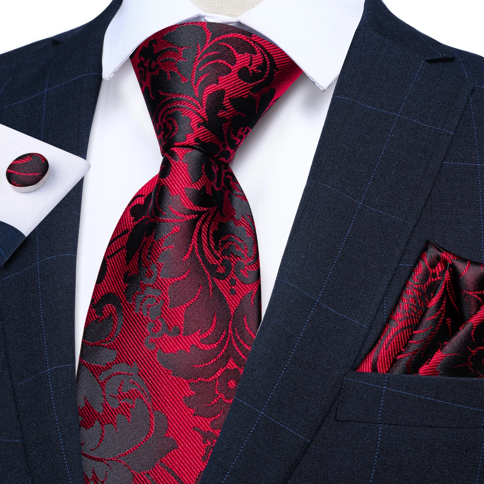 

Luxury Red Black Paisley Silk Polyester Ties for Men 150cm Wedding Business Formal Neckwear Accessories Handkerchief Cufflinks