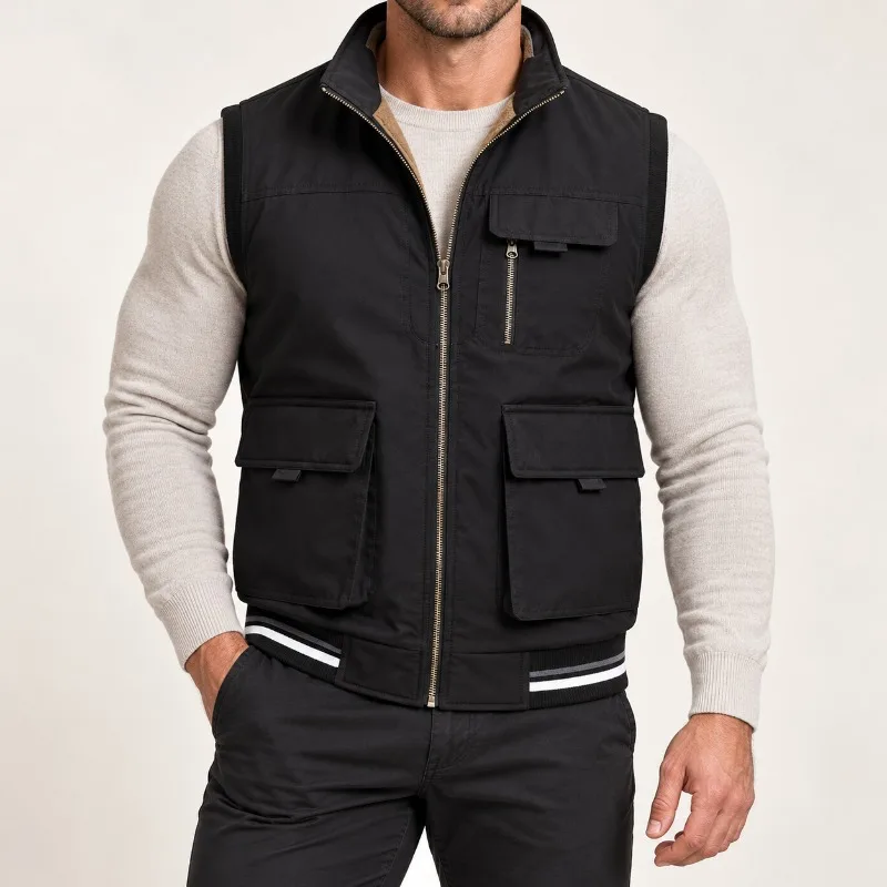 Men's Sherpa Lined Vest Full Zip Stand Collar Multi Pocket Chest Zipper Pocket Sleeveless Warm Casual Plus Size XL-5XL