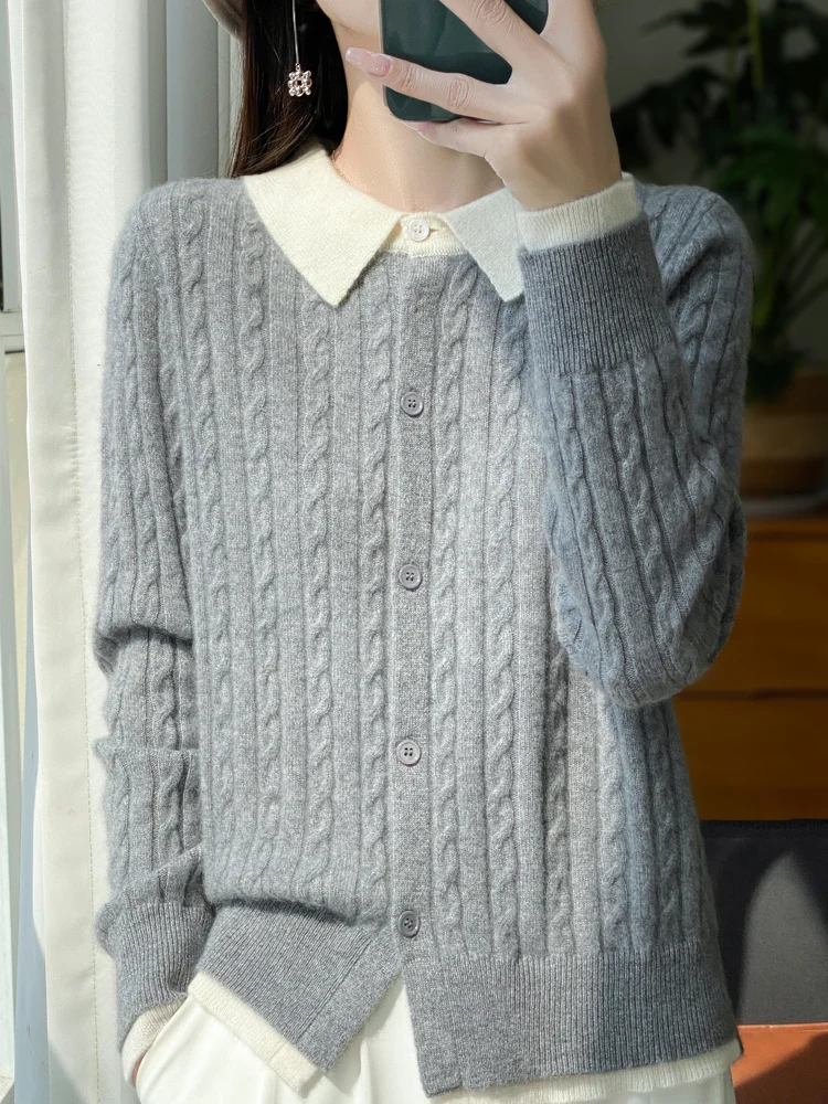 Daily Autumn Winter Sweater Women Cardigan 100% Merino Wool Sweater Cashmere Clothes Twist Flower Lapel Fake Two Pieces Knitwear