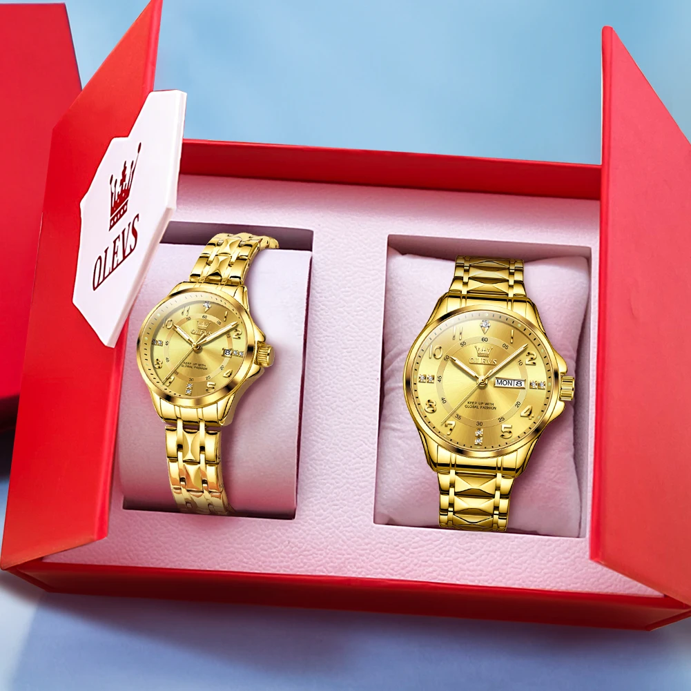 OLEVS 2910 New Classic Luxury Quartz Couple Watch For Men Women Waterproof Stainless Steel Hand Clock Diamond Number Dial Watch