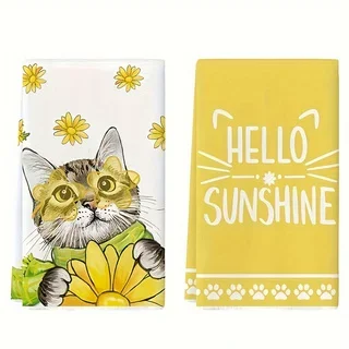 2pc Yellow Kitten Hello Sunshine Kitchen Towels, Dish Towels, Hand Towels, Holiday Decorative Hand Towels Home Decoration