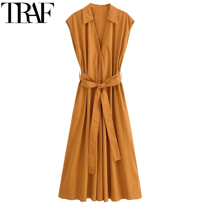 TRAF 2024 Belt Shirt Dress Woman Sleeveless Long Dress Women Summer Midi Casual Holiday Dresses Ruched Women\'s Elegant Dresses