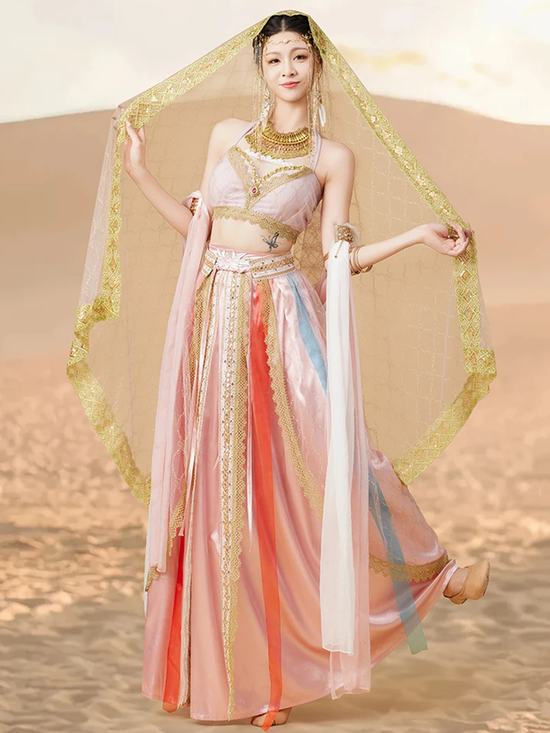 Pink Adult Women Classical Dance Costumes Flying Dance Western Regions Princess India Exotic Dancewear Performance Clothes