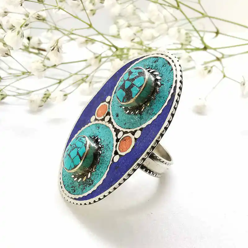 Tibetan Big Rings for Man White Metal Copper Inlaid Colorful Stone Ring Owl Eye R204