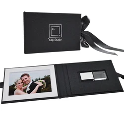 Personalized Black Linen USB Case Packaging-Handmade Custom Logo USB Box With Photo Window - Flash Drive Packaging