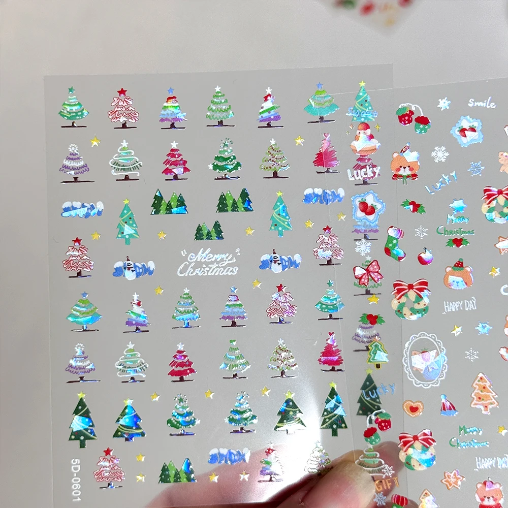 2 hojas de pegatinas navideñas para decoración de uñas, manzana roja, árbol de Navidad, muñeco de nieve, arco, deslizador de uñas, corona polarizada rosa, calcomanía navideña para uñas