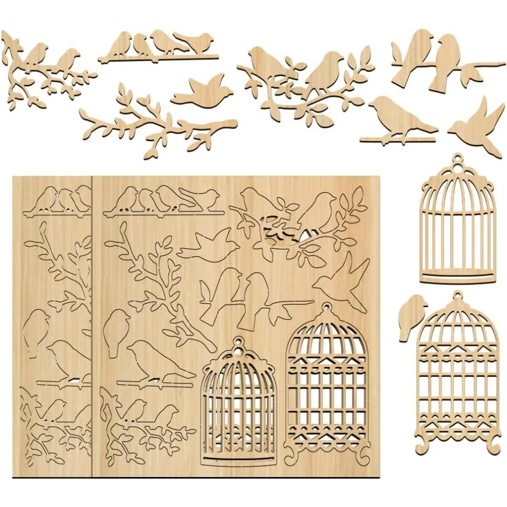 2PCS Bird Laser Cut Chipboard Embellishments, 5.7x6 Inch Wooden Branch Leaf Craft Shape, Birdcage Silhouette Cutouts