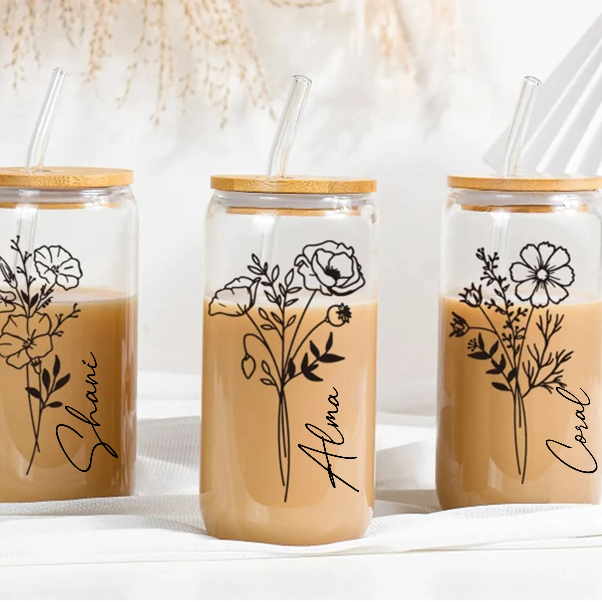 Personalized Birth Flower Coffee Cup With Name Gifts For Her Bridesmaid Proposal Custom Birth Flower Glass Tumbler Coffee Mug