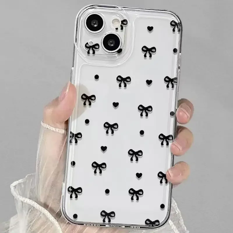 Black Bow Phone Case for iPhone 16 15 14 13 12 11 Pro Max X Xs Max XR 12 Mini Soft Clear Cover Transparent Fundas