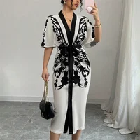 UOOZEE Office Ladies Office A-line Dress 2025 New Summer Half Sleeves V-Neck Tied Waist Flower Printed Evening Midi Dresses