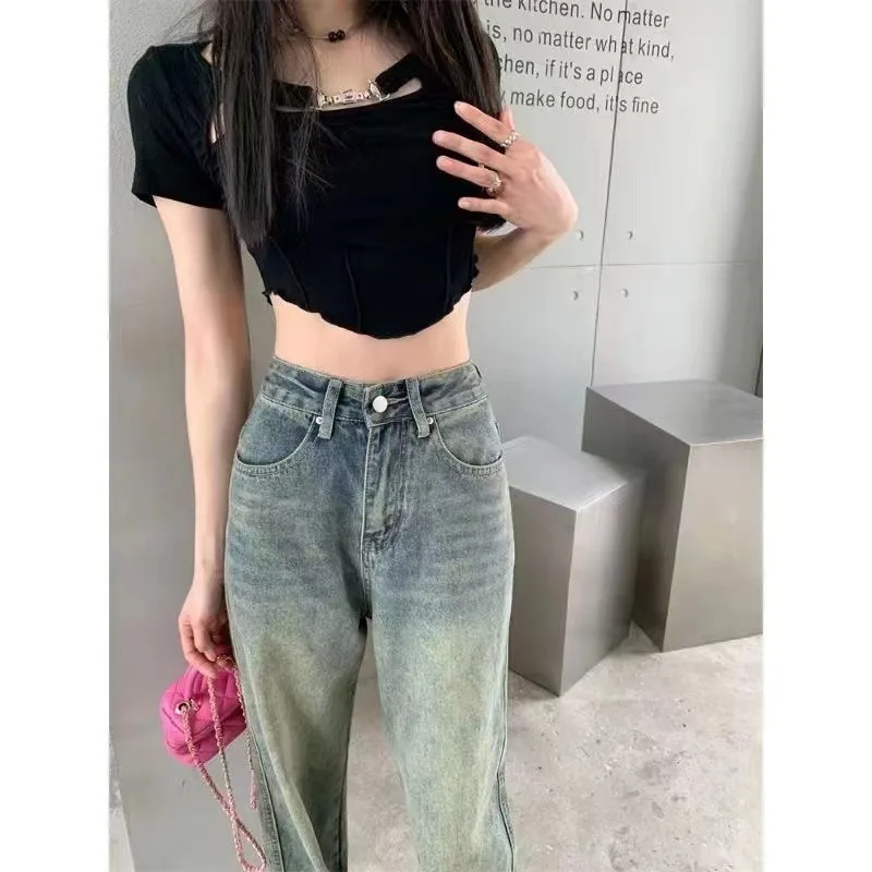 Blauwe damesjeans hiphop mode vintage streetwear Y2K wijde pijpen rechte jeans hoge taille broek klassieke wijde denim broek