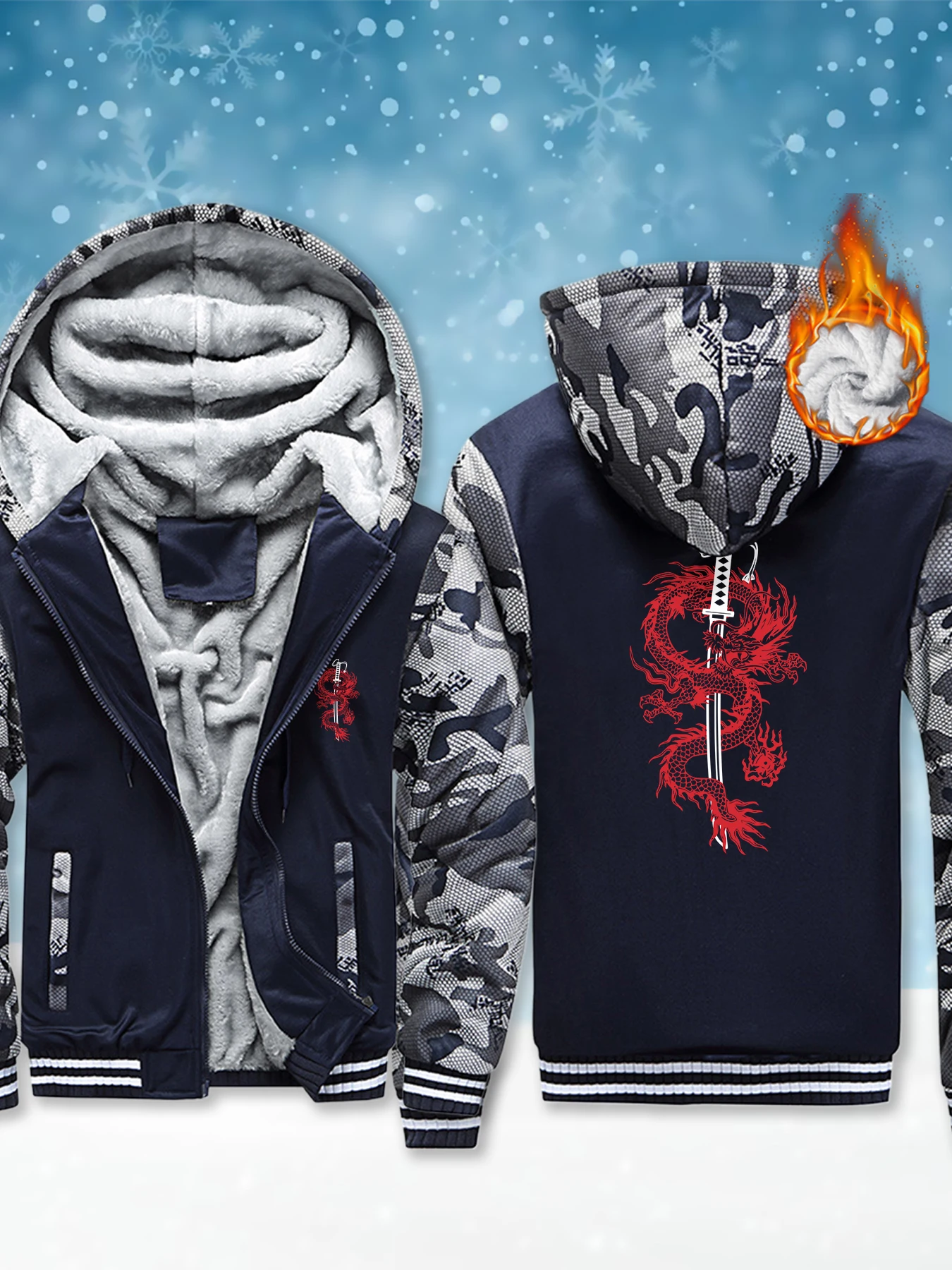 

The Dragon Wrapped Around The Knife Printing Male Streetwear Soft Warm Hooded Jacket Outdoor Zipper Coat Winter Fleece Jackets