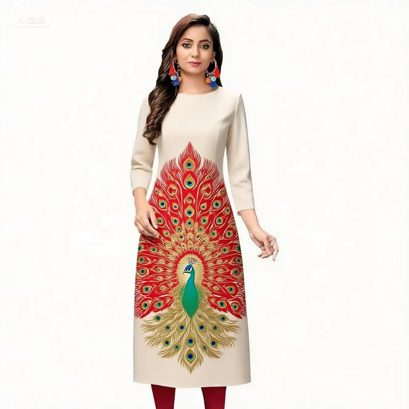 فستان كاجوال للنساء المسلمات كورتا على الطراز الوطني مستقيم كاجوال بتصميم الطاووس العرقي واليوسفي عباية تركية بحاشية شق #1