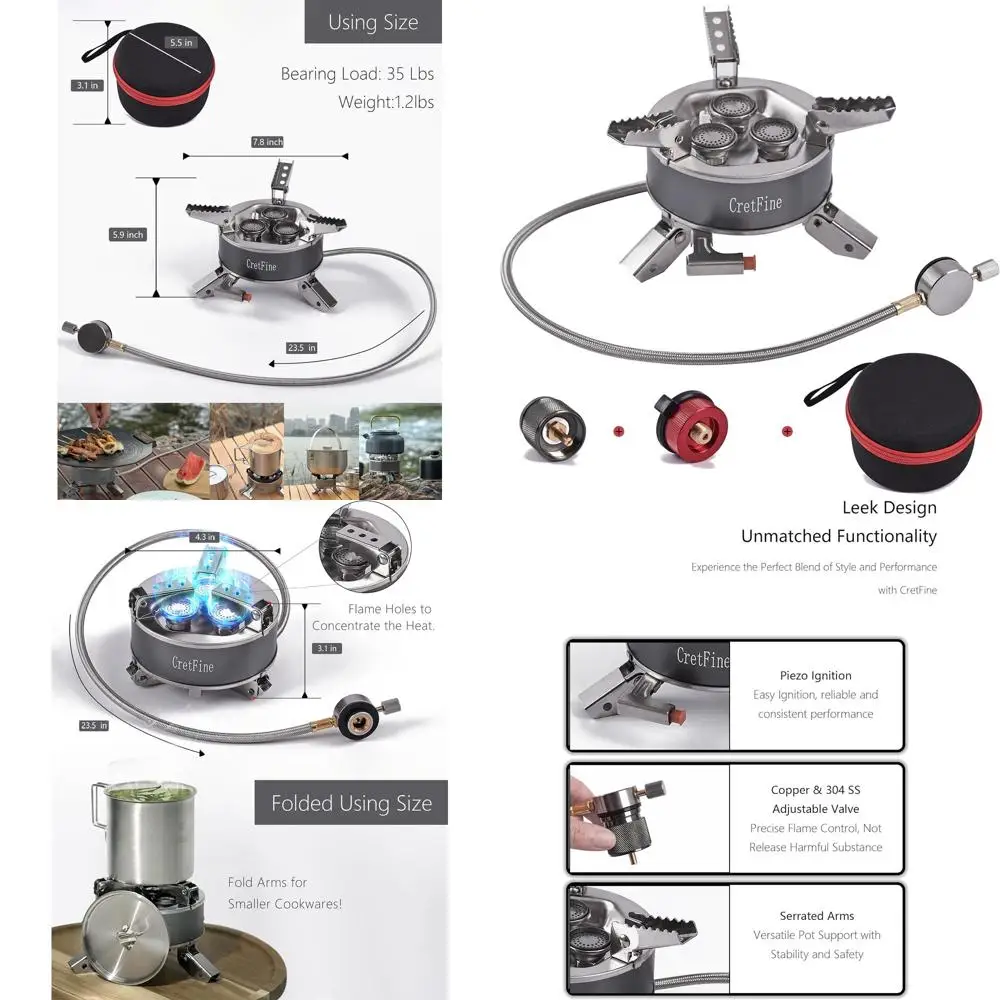 

Ветрозащитная походная печь мощностью 6800 Вт с адаптерами, складная тройная горелка для рюкзака с портативным футляром, пьезозажигание, совместима с
