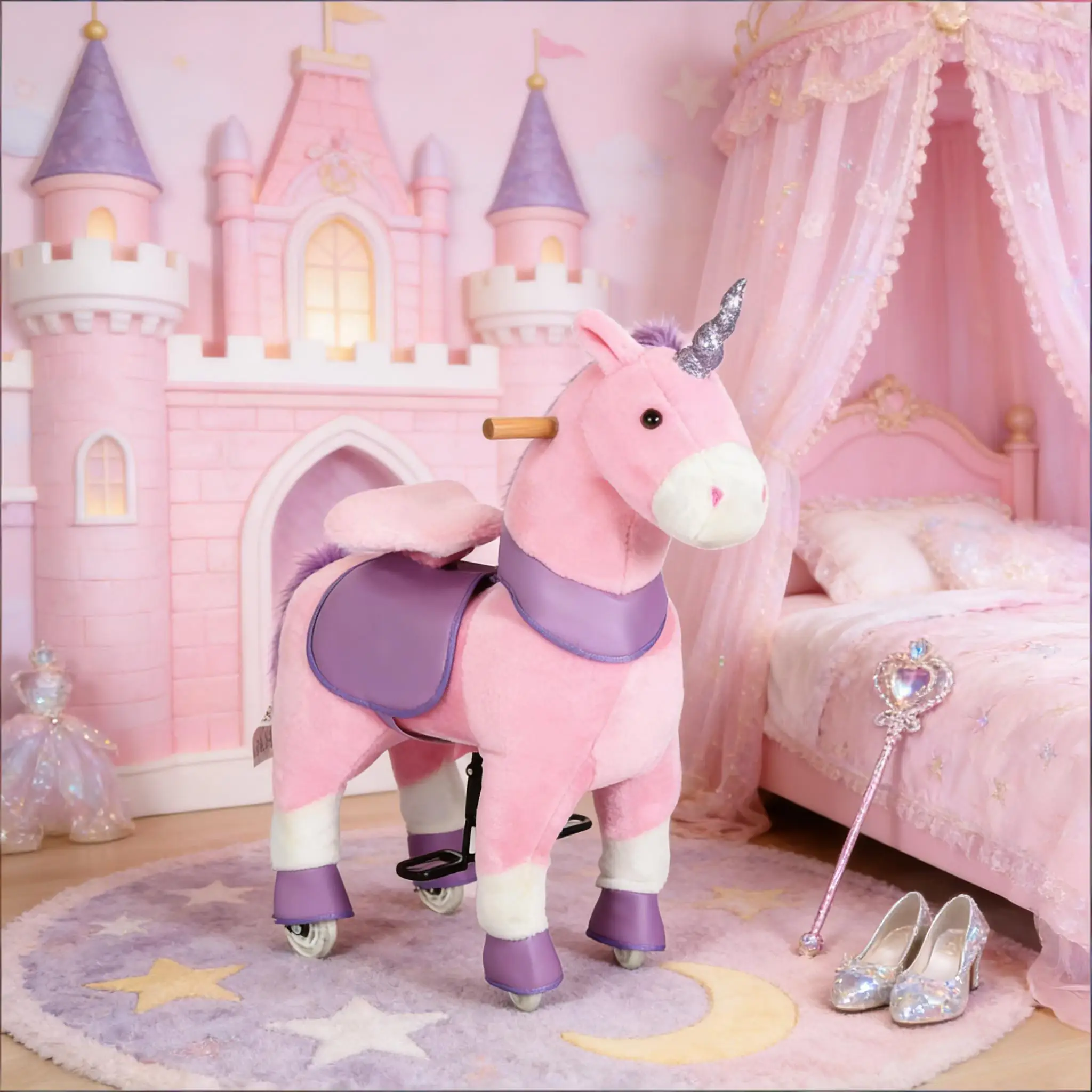 

‌Soft swaying rocking horse, walkable toy, large pink horse