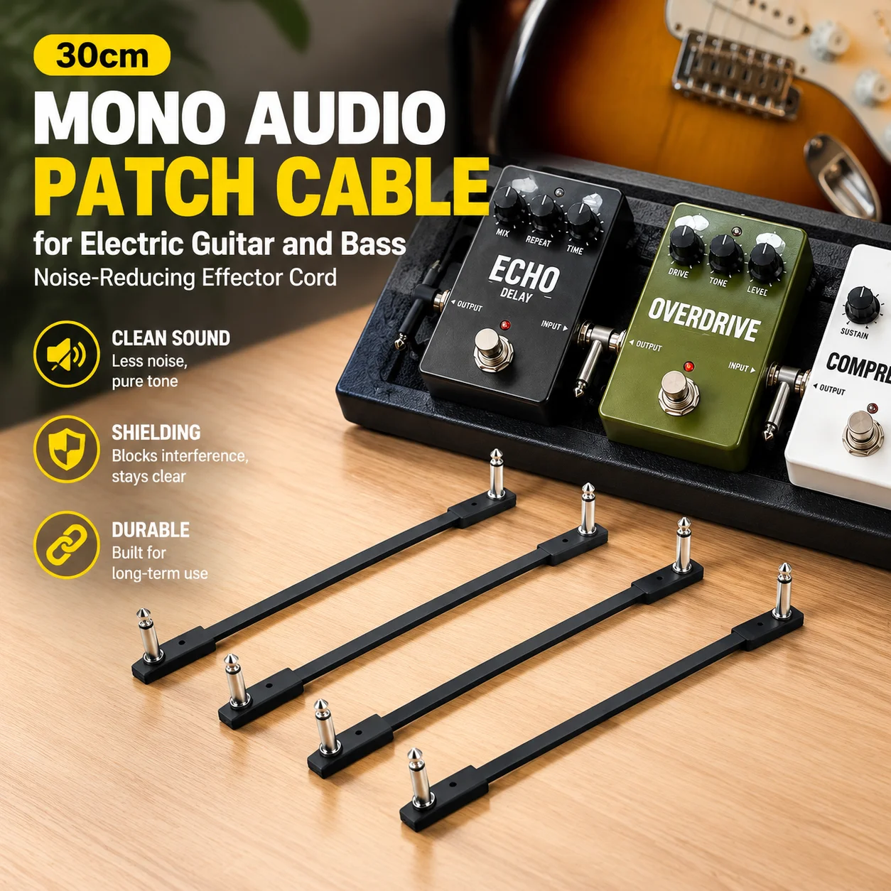30cm Mono Audio Patch Cable with Shielding for Electric Guitar and Bass, Noise-Reducing Effector Cord