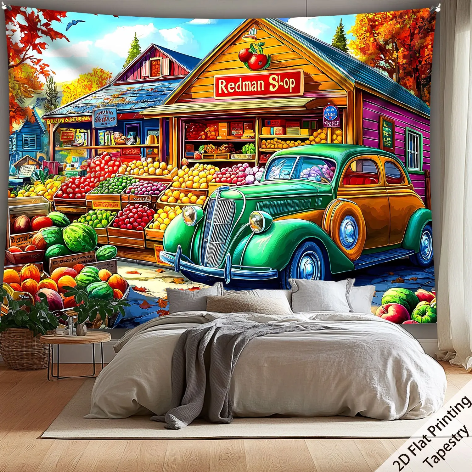 Vintage Car & Fruit Stand Tapestry, Retro Autumn Farm Market Wall Hanging, Colorful Cartoon Truck Fabric Poster for Living Room
