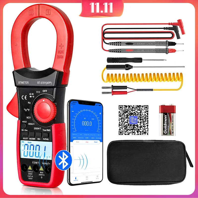 

Digital AC/DC Clamp Multimeter - 6000 Counts, True RMS, Temperature Measurement, LCD Display, Bluetooth (BT-570Y-APP)