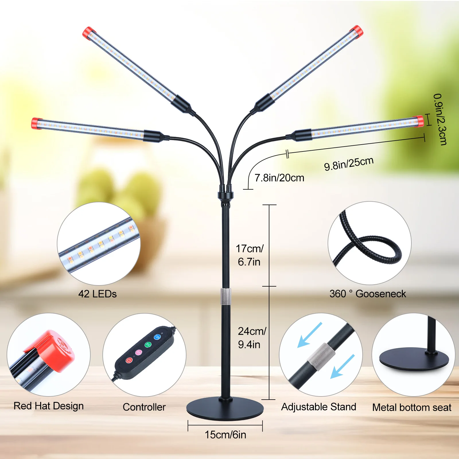 ไฟเติบโตบนโต๊ะ 4 หัวสําหรับพืชในร่ม, เมล็ดเริ่มต้น, บอนไซพร้อมตัวจับเวลา, ปลั๊กไฟบ้าน 36W