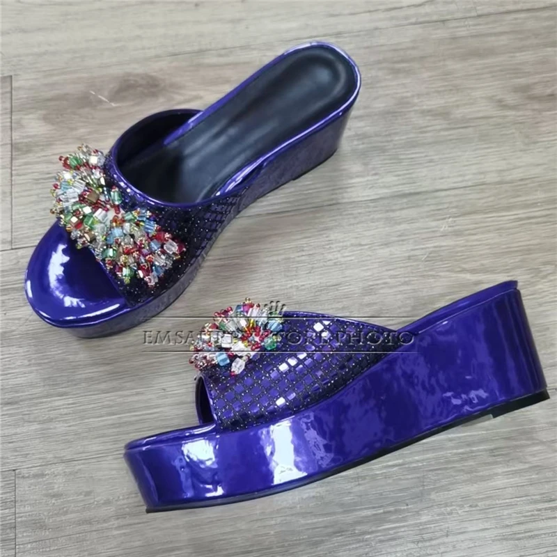 Colorful Rhinestone Diamond Decor Women Sandals High Platform Wedges Luxury Patent Leather Slingbacks Summer Mules