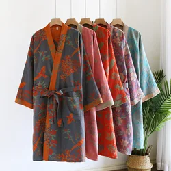 Spring and Autumn Women's Japanese Retro Robe Bathrobe Jacquard Pure Cotton Gauze Sleeping Kimono Yukata Home Robe