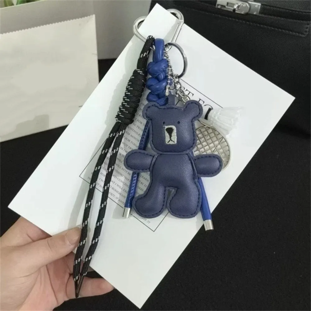 Creative Cartoon Bear Racket Keychain Woven Rope Good Luck Leather Bag Pendant Ins Keyring Little Bear Bag Hanging Friendship