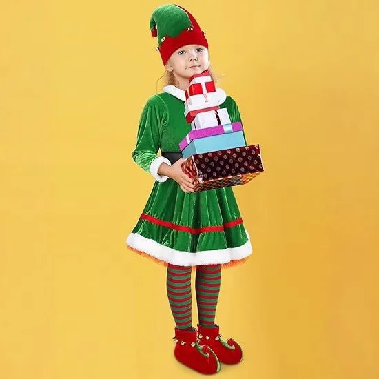 Ensemble de olympiques d'elfe de Noël pour filles, costume de jeu, robe en velours