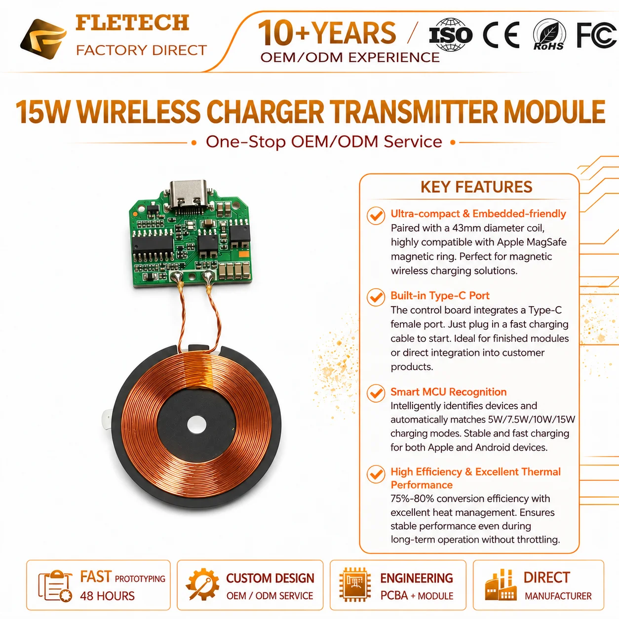 Type-C 15W Qi Transmitter Wireless Charger Module PCBA Circuit Board with Coil Pad for Car Phone Mount Holder DIY Projects