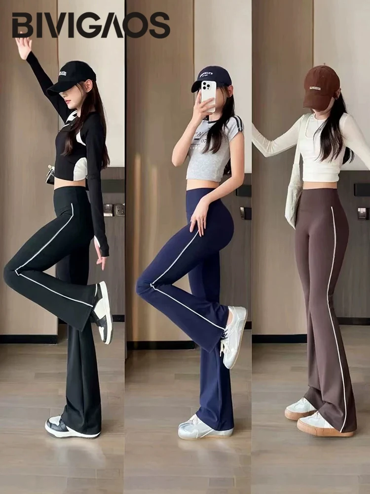 BIVIGAOS Fall New Side Fine White Striped Contrasting Color Flared Leggings High Waist Slimming Casual Sport Micro Flared Pants