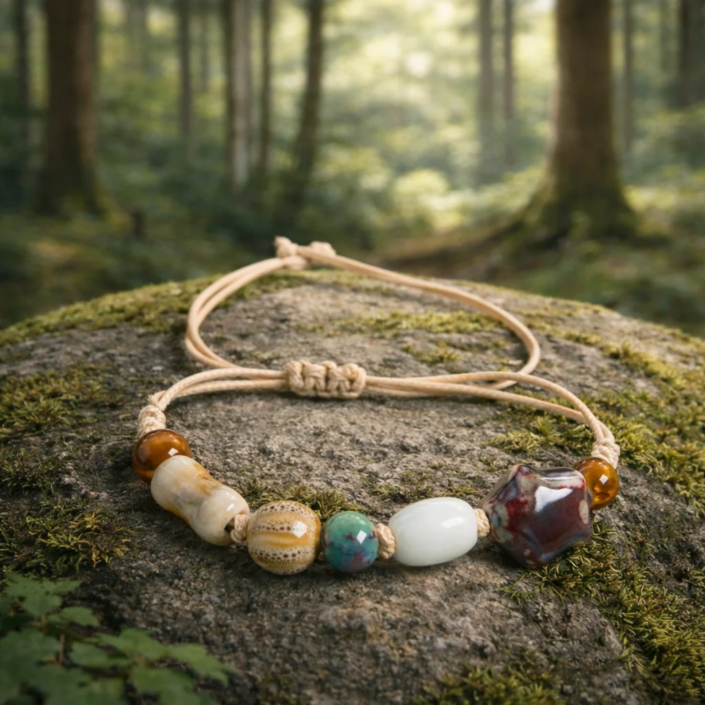 Glazed Ceramic Bead Bracelet for Women with Star and Bone Beads Adjustable Wax Cord S03-255
